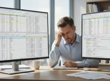 Professional at computer looking frustrated with multiple Excel spreadsheets open, hitting productivity limits