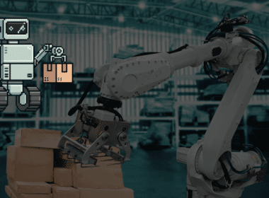 An industrial robotic arm stacking boxes in a warehouse, overlaid with a pixel-art robot icon, illustrating the integration of Structured Technical Tools in the robotics intelligence layer.