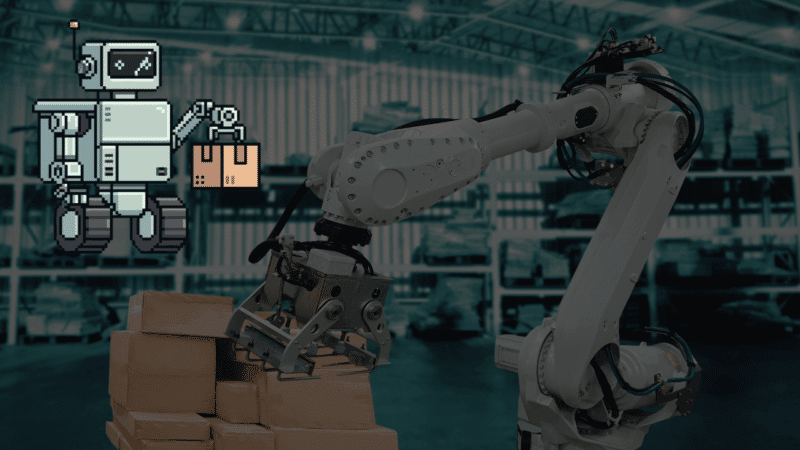 An industrial robotic arm stacking boxes in a warehouse, overlaid with a pixel-art robot icon, illustrating the integration of Structured Technical Tools in the robotics intelligence layer.