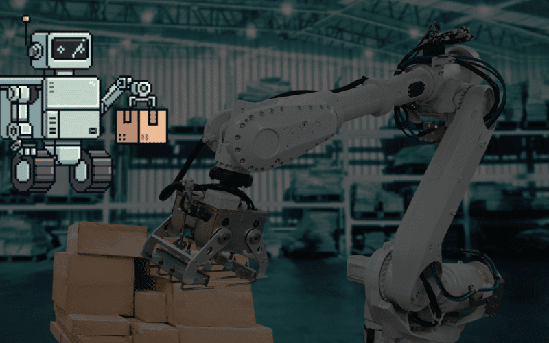 An industrial robotic arm stacking boxes in a warehouse, overlaid with a pixel-art robot icon, illustrating the integration of Structured Technical Tools in the robotics intelligence layer.
