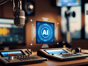 A professional podcast microphone icon with digital circuitry and an AI brain symbol, illustrating a total automation blueprint for making an AI podcast.