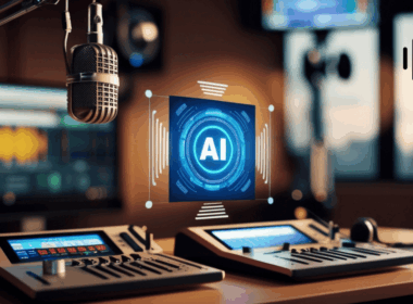 A professional podcast microphone icon with digital circuitry and an AI brain symbol, illustrating a total automation blueprint for making an AI podcast.