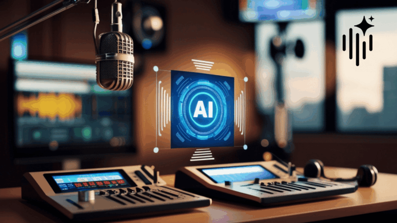 A professional podcast microphone icon with digital circuitry and an AI brain symbol, illustrating a total automation blueprint for making an AI podcast.