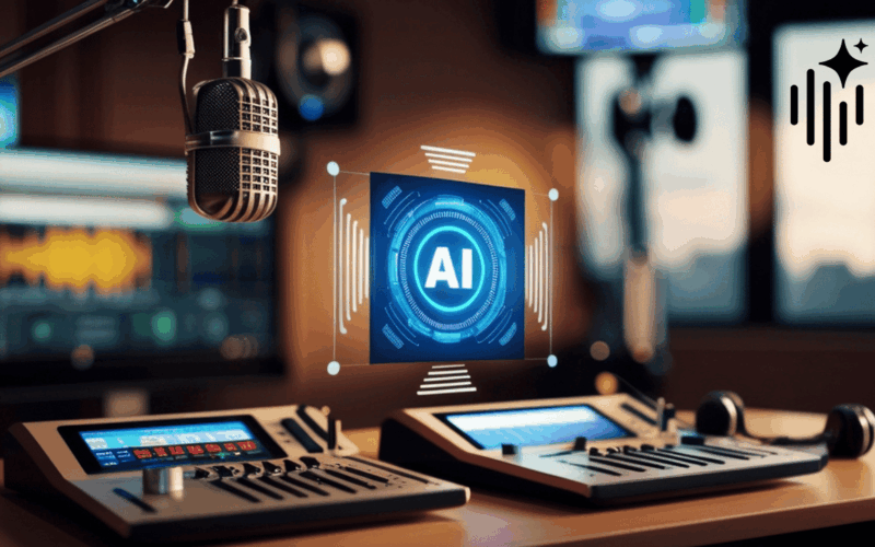 A professional podcast microphone icon with digital circuitry and an AI brain symbol, illustrating a total automation blueprint for making an AI podcast.