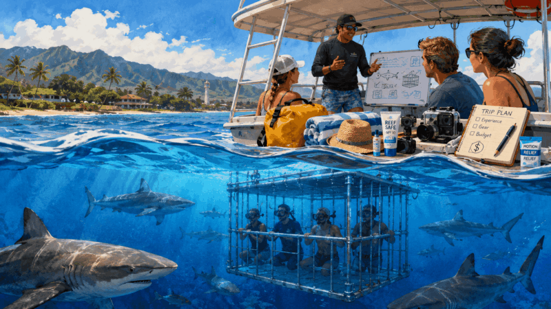 Boat briefing and shark cage diving experience off Oahu’s North Shore, with visitors observing sharks safely in clear blue water.