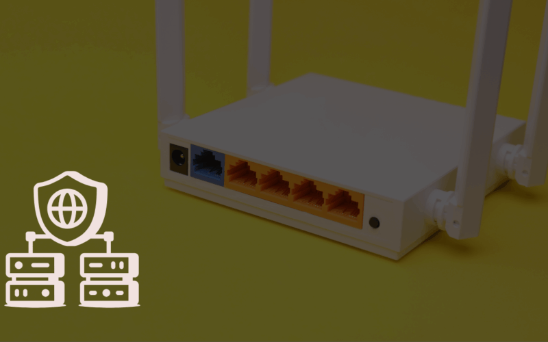 A network router with a security shield icon illustrating whether proxy servers are safe and how they protect user privacy.