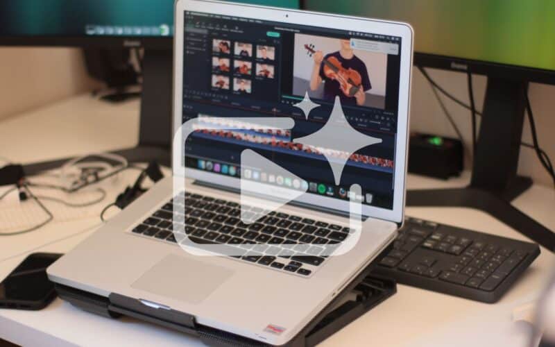 A professional laptop setup showing a video editing interface with a white play button and sparkle icon overlay, representing the best AI video generator and face swap video online tools of 2026.