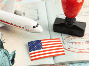A collection of U.S. immigration symbols, including an airplane, American flag, and visa stamps, illustrating a guide to classifieds websites for housing rentals and job searches in the U.S.