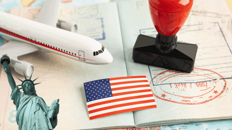 A collection of U.S. immigration symbols, including an airplane, American flag, and visa stamps, illustrating a guide to classifieds websites for housing rentals and job searches in the U.S.