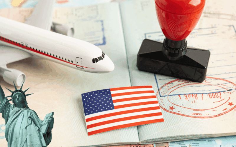 A collection of U.S. immigration symbols, including an airplane, American flag, and visa stamps, illustrating a guide to classifieds websites for housing rentals and job searches in the U.S.