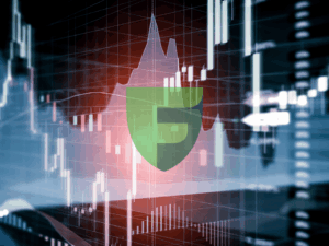 A conceptual financial chart with a green shield overlay, representing the rise of Timur Turlov from Almaty to NASDAQ.