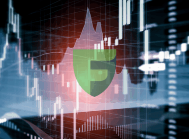 A conceptual financial chart with a green shield overlay, representing the rise of Timur Turlov from Almaty to NASDAQ.