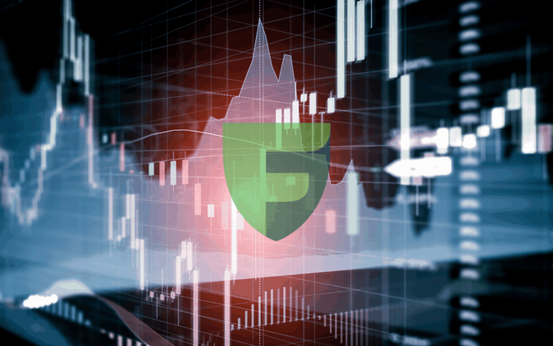 A conceptual financial chart with a green shield overlay, representing the rise of Timur Turlov from Almaty to NASDAQ.