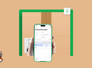 HandiFox mobile application interface showing a 'Create Pick Order' screen held over a shipping box, demonstrating real-time inventory tracking and warehouse management for small to medium businesses.