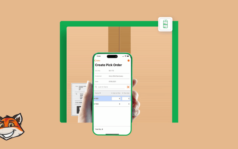 HandiFox mobile application interface showing a 'Create Pick Order' screen held over a shipping box, demonstrating real-time inventory tracking and warehouse management for small to medium businesses.