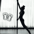 Silhouette of a dancer on a pole with an icon of protective gear, illustrating why it’s so important to buy high-quality knee pads for pole dancing.