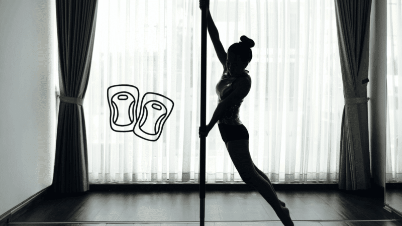 Silhouette of a dancer on a pole with an icon of protective gear, illustrating why it’s so important to buy high-quality knee pads for pole dancing.