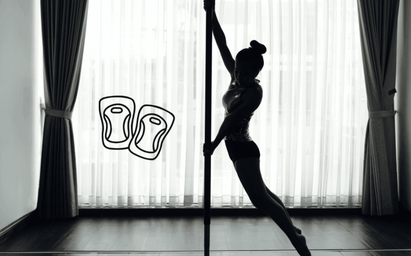Silhouette of a dancer on a pole with an icon of protective gear, illustrating why it’s so important to buy high-quality knee pads for pole dancing.