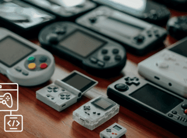 A collection of handheld gaming consoles and a development icon illustrating how to start game development with a complete step-by-step guide