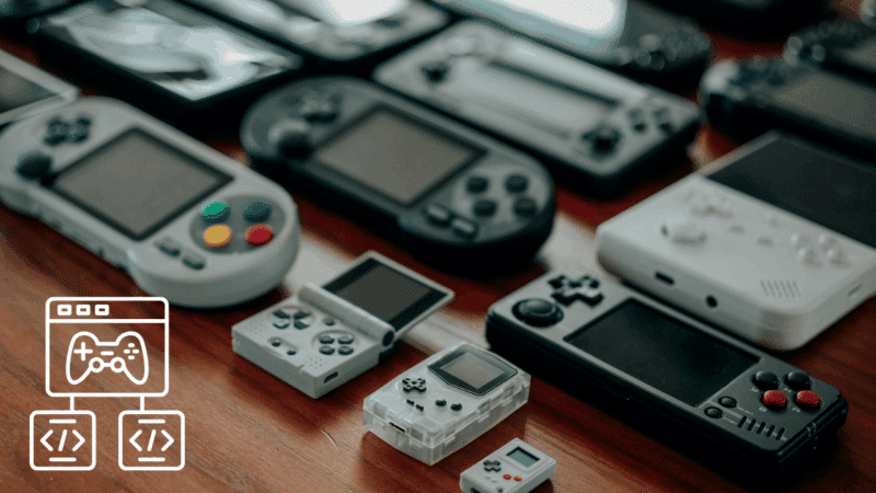 A collection of handheld gaming consoles and a development icon illustrating how to start game development with a complete step-by-step guide