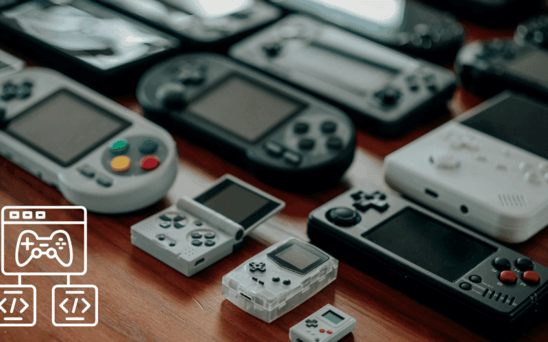 A collection of handheld gaming consoles and a development icon illustrating how to start game development with a complete step-by-step guide