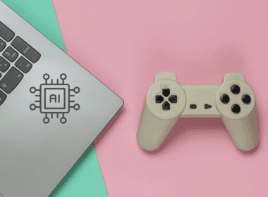 A 3D illustration of a computer monitor with neural network nodes and a game controller, representing AI in eSports analytics and coaching for professional players.
