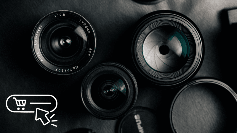 Professional photography camera lenses and a digital shopping cart icon, showcasing the best place to buy cameras online and find affordable cameras for beginners.