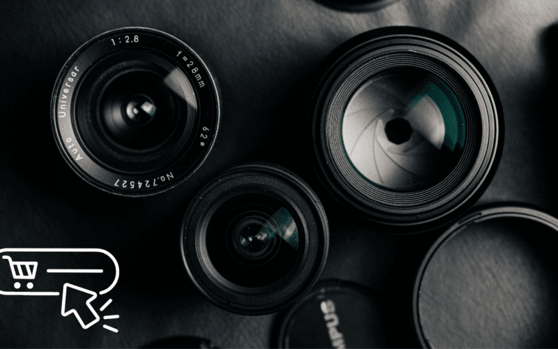 Professional photography camera lenses and a digital shopping cart icon, showcasing the best place to buy cameras online and find affordable cameras for beginners.