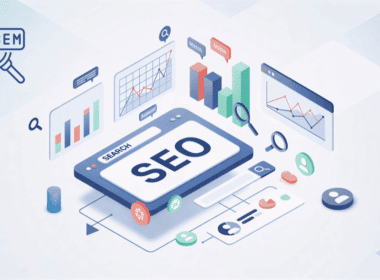 A 3D illustration of a computer monitor with growth charts, a megaphone, and search bar icons, representing how DreamixWeb drives growth with SEO and SEM strategies.