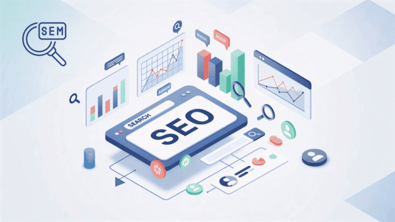 A 3D illustration of a computer monitor with growth charts, a megaphone, and search bar icons, representing how DreamixWeb drives growth with SEO and SEM strategies.