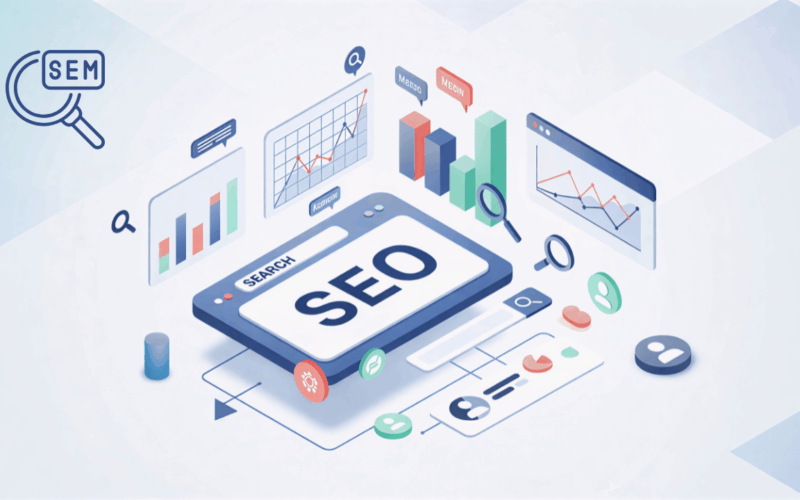 A 3D illustration of a computer monitor with growth charts, a megaphone, and search bar icons, representing how DreamixWeb drives growth with SEO and SEM strategies.