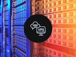 A professional server room data center with a centered VPS icon, illustrating how to secure a cheap VPS server for budget hosting.