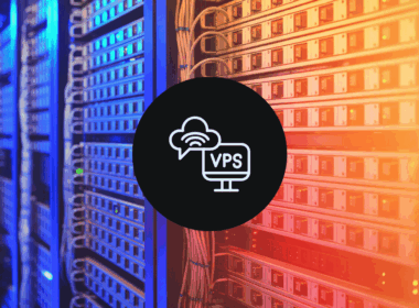 A professional server room data center with a centered VPS icon, illustrating how to secure a cheap VPS server for budget hosting.