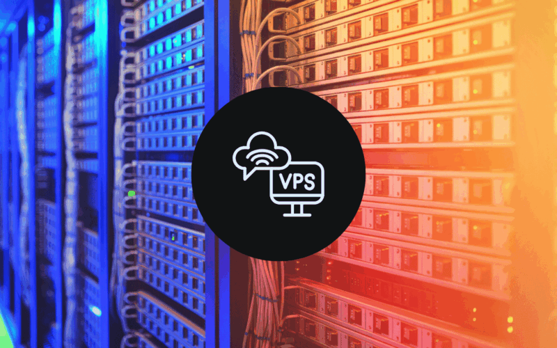 A professional server room data center with a centered VPS icon, illustrating how to secure a cheap VPS server for budget hosting.