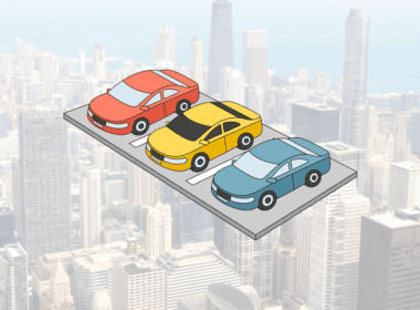 An isometric illustration of three cars parked over the Chicago city skyline, demonstrating the smartest way to manage your automotive assets in Chicago with Carrectly Concierge.