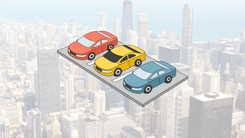 An isometric illustration of three cars parked over the Chicago city skyline, demonstrating the smartest way to manage your automotive assets in Chicago with Carrectly Concierge.