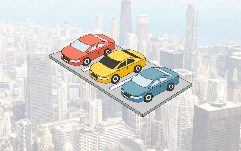 An isometric illustration of three cars parked over the Chicago city skyline, demonstrating the smartest way to manage your automotive assets in Chicago with Carrectly Concierge.