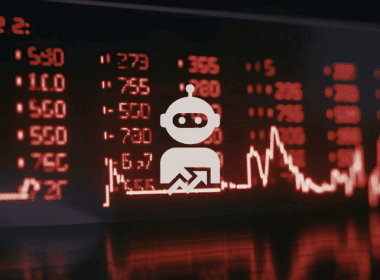 An AI robot icon overlaid on a red glowing financial stock ticker board, illustrating how Permutable AI explains market moves in real time.
