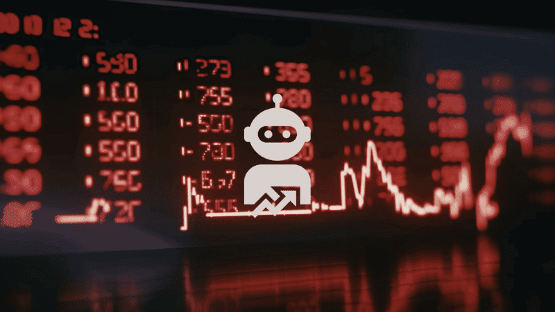 An AI robot icon overlaid on a red glowing financial stock ticker board, illustrating how Permutable AI explains market moves in real time.