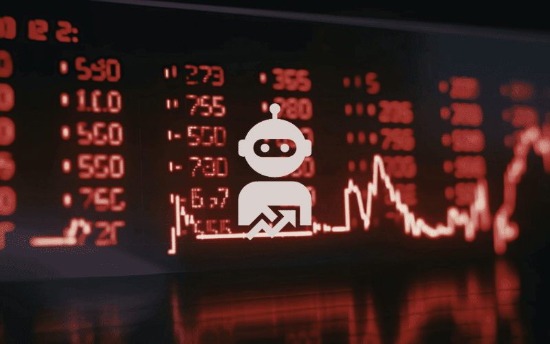 An AI robot icon overlaid on a red glowing financial stock ticker board, illustrating how Permutable AI explains market moves in real time.