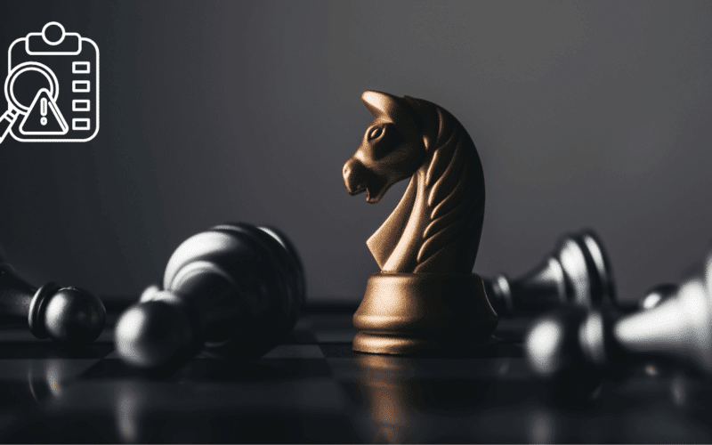 A gold chess knight standing on a chessboard with fallen pieces and a clipboard icon with a magnifying glass, illustrating how to use post-game analysis to spot weaknesses in your chess.