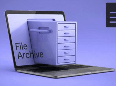 A 3D purple illustration of a file cabinet emerging from a laptop screen with the text File Archive, representing remote document services online by A to Z Documents.
