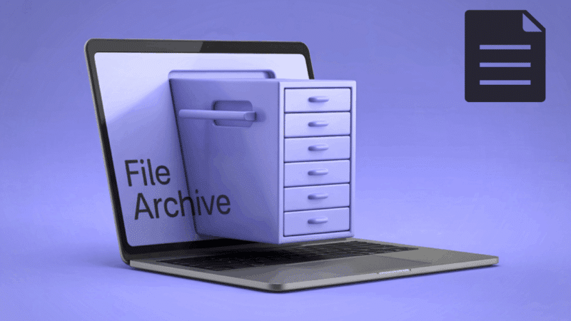 A 3D purple illustration of a file cabinet emerging from a laptop screen with the text File Archive, representing remote document services online by A to Z Documents.