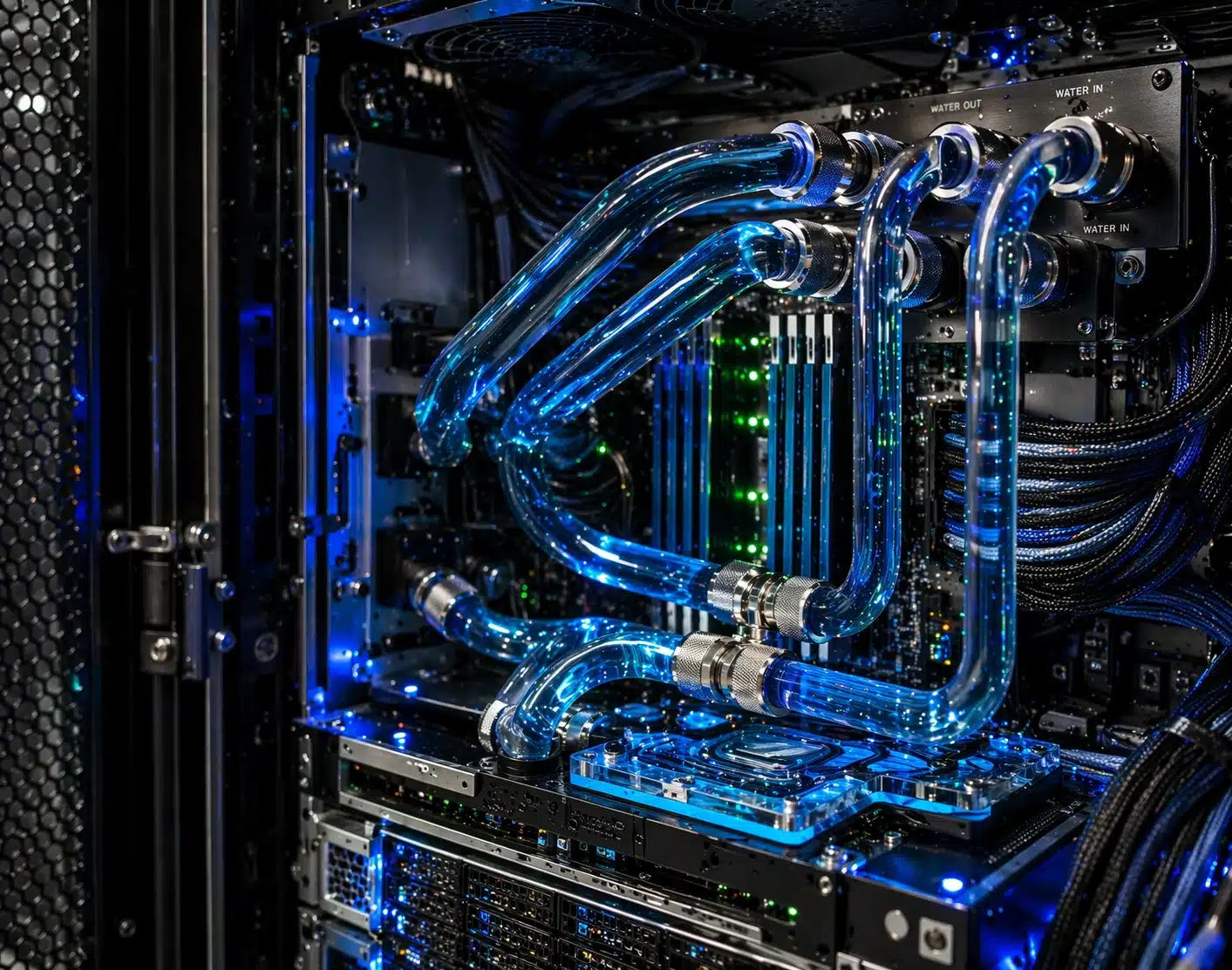 Close-up of a high-performance AI server rack showing the transition to liquid cooling solutions with blue coolant pipes and water blocks.