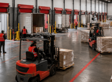 Forklifts moving palletized freight across a busy warehouse floor inside a Chicago O'Hare cross-docking facility, showcasing faster freight transfers in America's logistics hub.