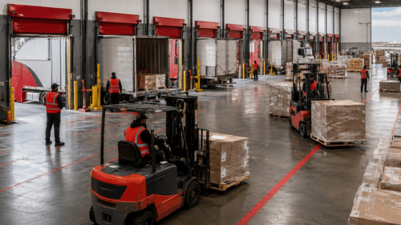 Forklifts moving palletized freight across a busy warehouse floor inside a Chicago O'Hare cross-docking facility, showcasing faster freight transfers in America's logistics hub.