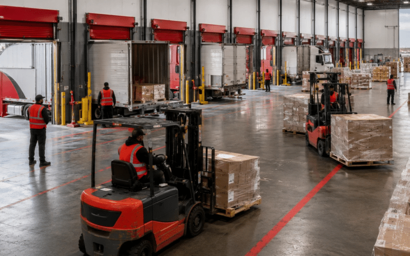 Forklifts moving palletized freight across a busy warehouse floor inside a Chicago O'Hare cross-docking facility, showcasing faster freight transfers in America's logistics hub.