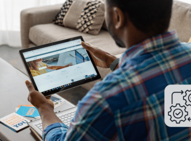 An over-the-shoulder view of a professional analyzing LinkedIn Sales Navigator on a laptop, with a process icon illustrating how LinkedIn automation transforms modern lead generation and networking.