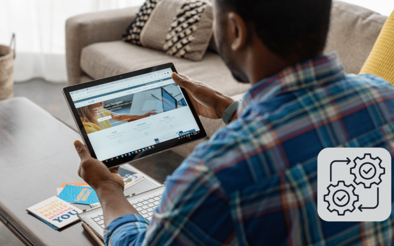 An over-the-shoulder view of a professional analyzing LinkedIn Sales Navigator on a laptop, with a process icon illustrating how LinkedIn automation transforms modern lead generation and networking.