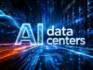A futuristic visualization of an AI data center with glowing blue data streams and server racks, illustrating the physical requirements for AI data center infrastructure.